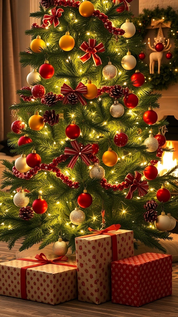 Inspirational Christmas Quotes for Instagram A decorated Christmas tree with presents underneath, glowing lights, and a cozy fireplace.